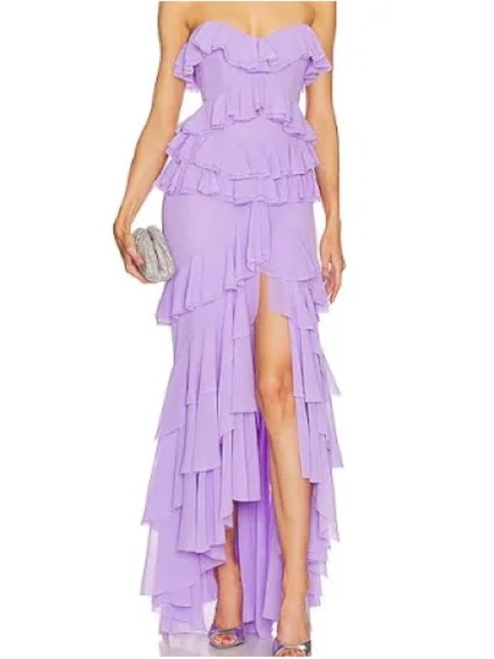 Michael Costello Lavender Strapless Ruffled High-Slit Gown